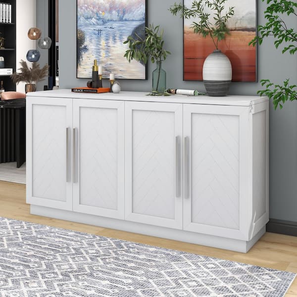 Unbranded 60.00 in. W x 16.00 in. D x 32.00 in. H White Linen Cabinet Sideboard with 4-Doors and Adjustable Shelves
