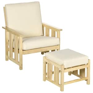 Wood Outdoor Patio Chair with Ottoman, Beige Cushion for Porch Patio Yard Poolside Beige