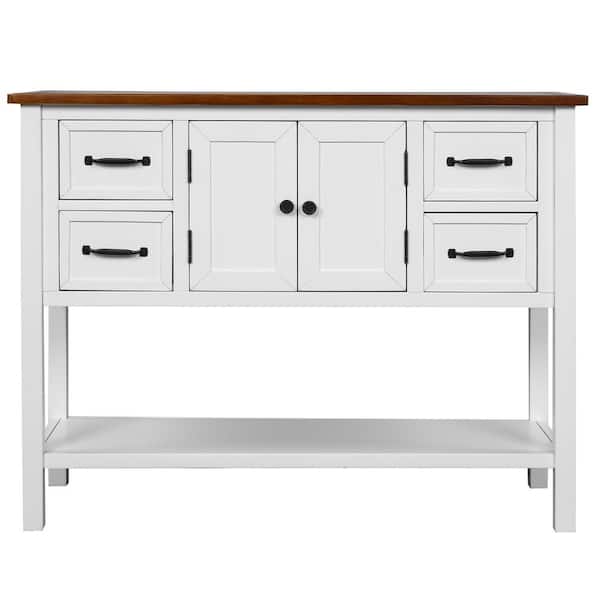 Utopia 4niture Perry 43 in. White with Brown Top Modern Console Table with Drawers, Cabinet and Shelf