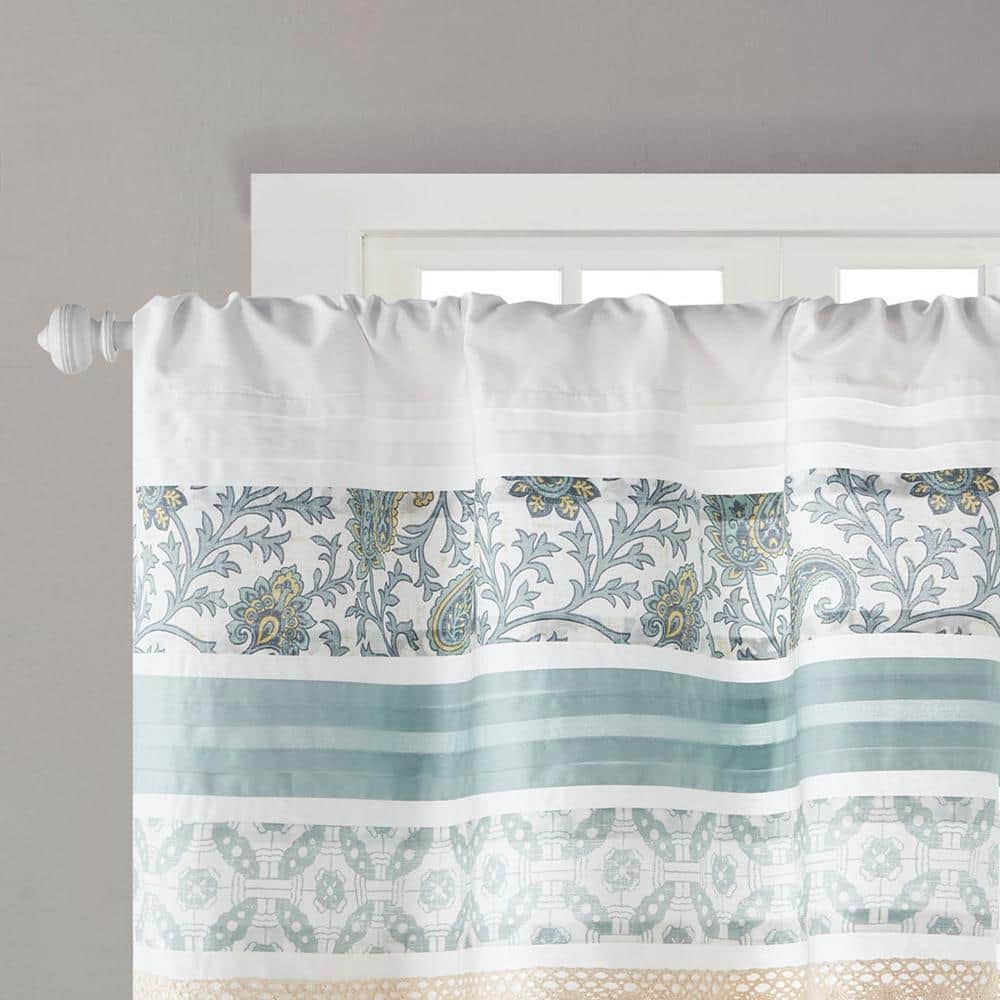 Paisley Aqua and White Cotton Rod Pocket Valance