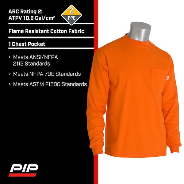 PIP Men's Medium Orange Cotton AR/FR Long Sleeve T-Shirt, 10.6 cal