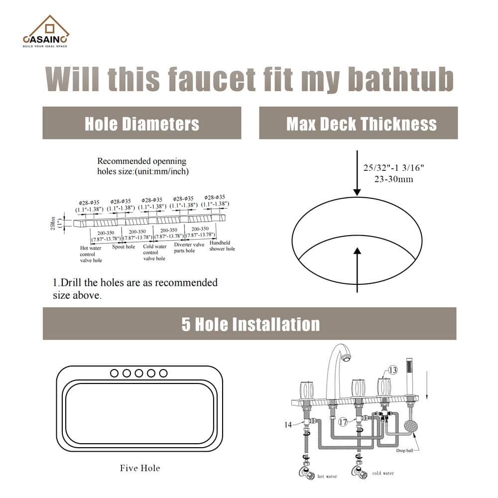 Matte Black Triple Handle Deck Mount Roman Tub Faucet with Hand Shower