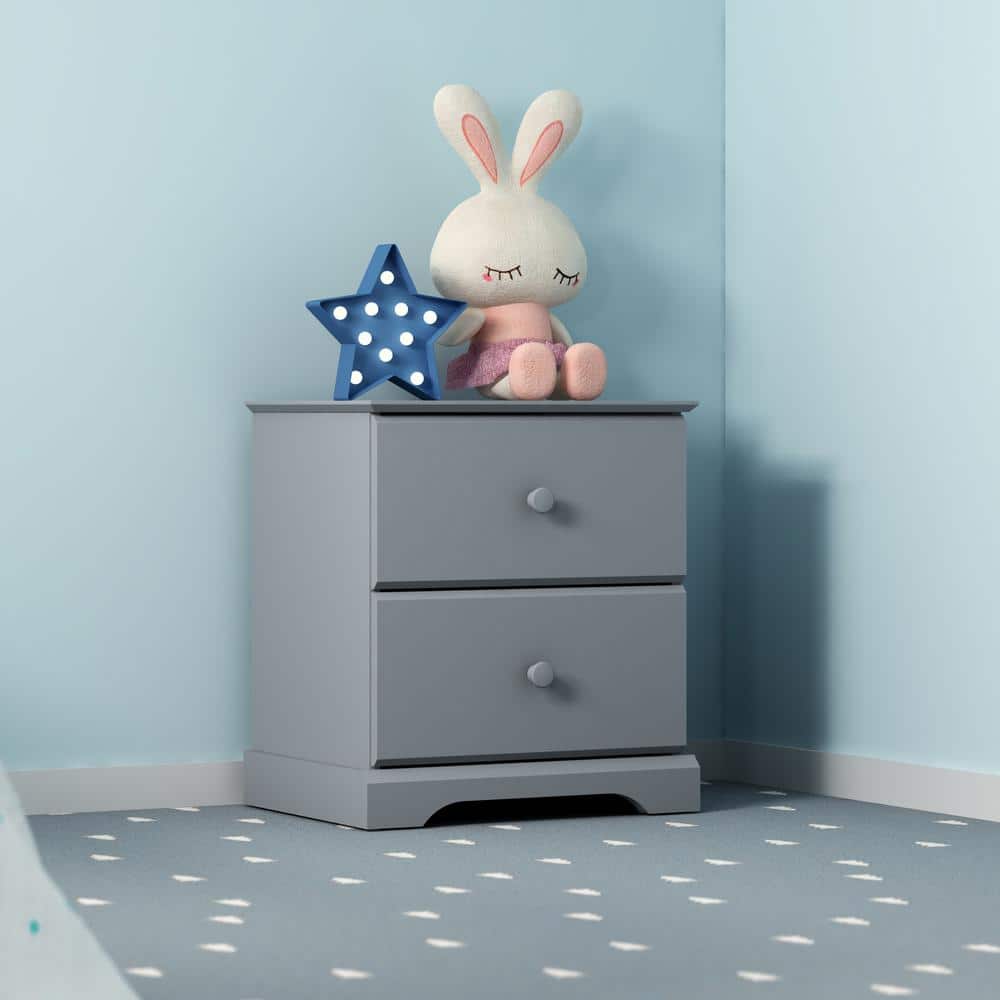 Gray Wood 2-Drawer Kids Nightstand, 22" Height