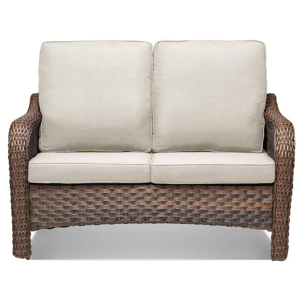 1-Piece Wicker Outdoor Patio Loveseat with Beige Cushions