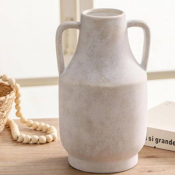 Ceramic Flower Vase with Handles, 11 inch Cylindrical Off-White