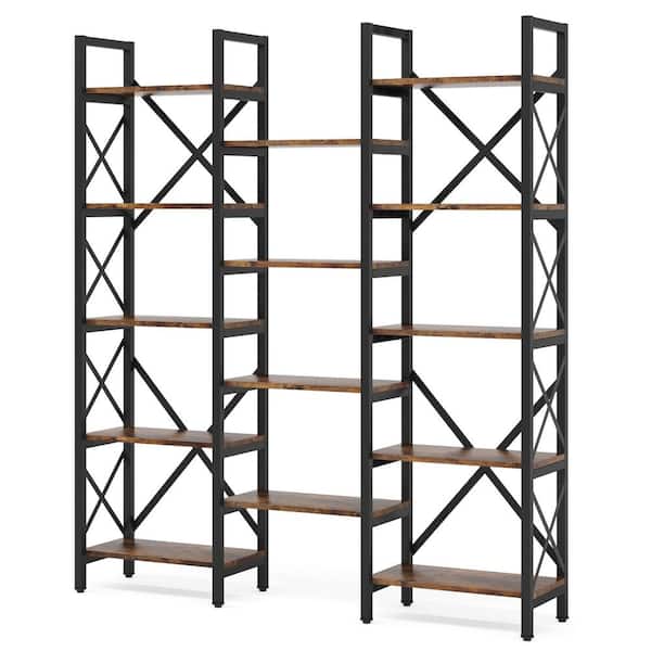 Tribesigns Earlimart 69 in. Vintage Brown Wood Triple Wide 5-Tier Bookcase, 14-Shelves Tagere Large Open Bookshelf
