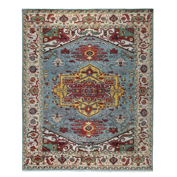 Contemporary Light Blue Hand-Knotted Wool Medallion Area Rug, Area Rug