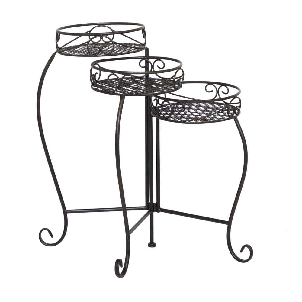 Litton Lane 23 in. Black Round Metal Scroll Plantstand with 3-Tiers ...