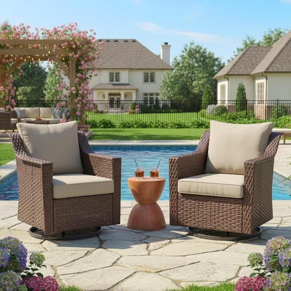 Skinny Guy Series 2-Pack Brown Wicker Outdoor Patio Glider with CushionGuard Beige Cushions