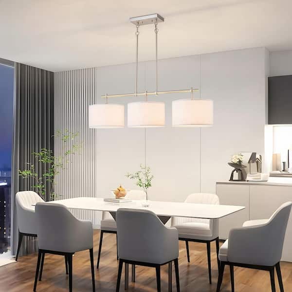 3-Light Nickel Modern Transitional Drum Fabric Shade Linear Island Pendant Light