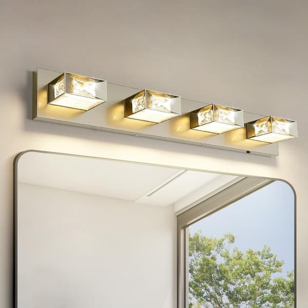 27.95 in. Nickle 4-Light Dimmable Crystal Bathroom Vanity Light with 5-CCT Adjustable Switch and 350° Swivel Range
