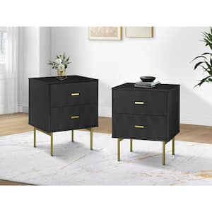 Valentine Black 19.7 in. W x 15.7 in. D x 25.2 in. H Tall 2-Drawer Nightstand with Metal Legs Set of 2