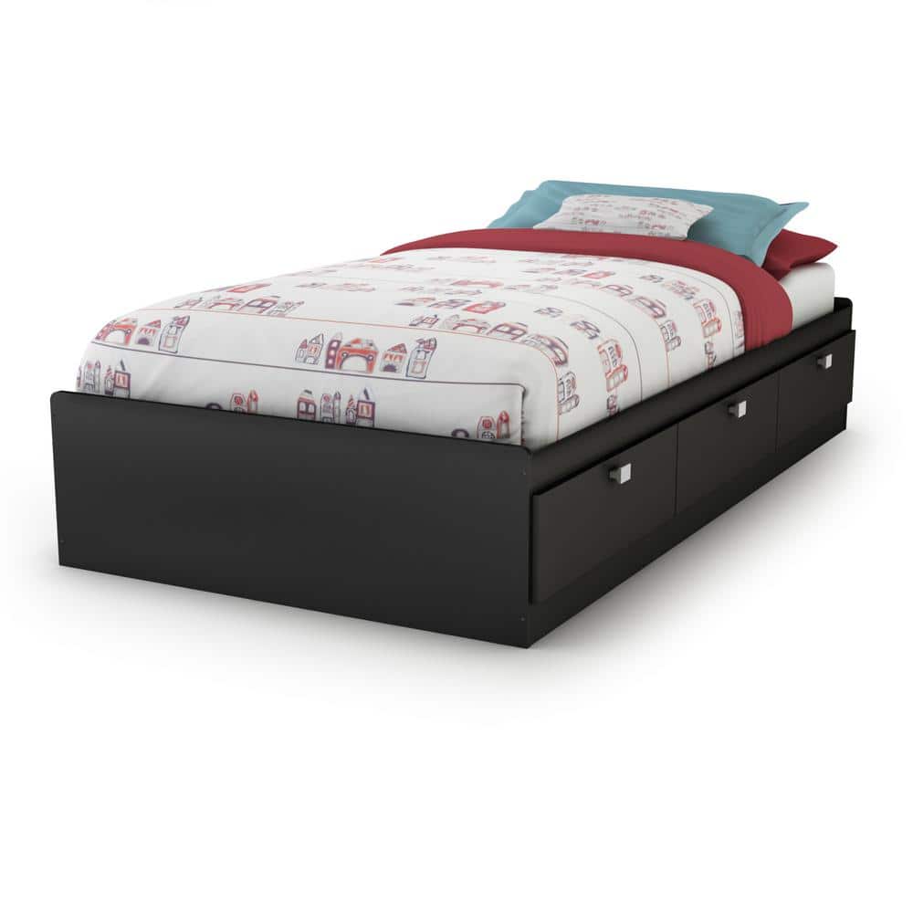 Pure Black Twin Wood Frame Captain's Bed with 3 Drawers