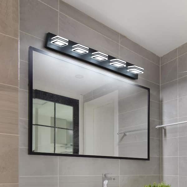 SOLFART Dimmable LED Modern Matt Black Bathroom Vanity Lights Over Mirror 4 Lights Acrylic Bath Wall Lighting