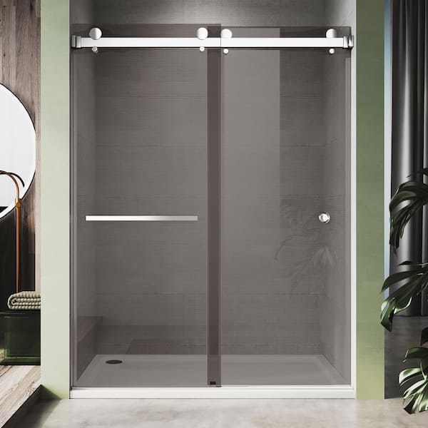 UNIKOO UKD01 56 to 60 in. W x 80 in. H Double Sliding Frameless Shower Door in Chrome, EnduroShield 3/8 in. Gray Glass
