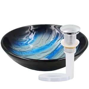 Blue and Silver Hand-Painted Glass Bathroom Round Vessel Sink with Drain in Chrome