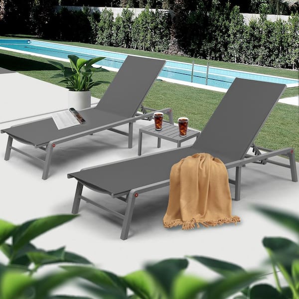 3-Packs Outdoor Lounge Chair Set Foldable Patio Lounger w/ 5-Adjustable Backrest, Recliner (2-Gray Textilence w/ Table)