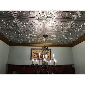 Lilies and Swirls 2 ft. x 2 ft. PVC Lay-in or Glue-up Ceiling Panel in Silver (100 sq. ft. / case)
