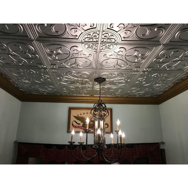 Lilies and Swirls Silver 2 ft. x 2 ft. PVC Lay-in or Glue-up Faux Tin Ceiling Tile (200 sq. ft. /Case)