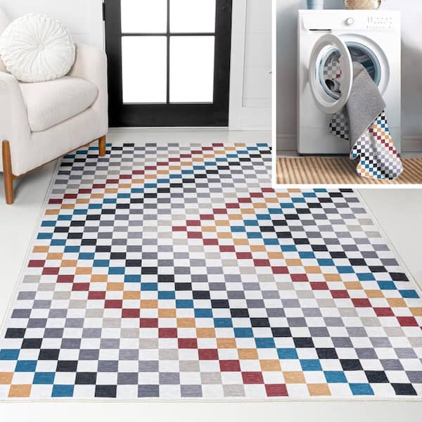 Ainsley Modern Cottage Checkerboard Washable Multi-Colored 9 ft. x 12 ft. Area Rug