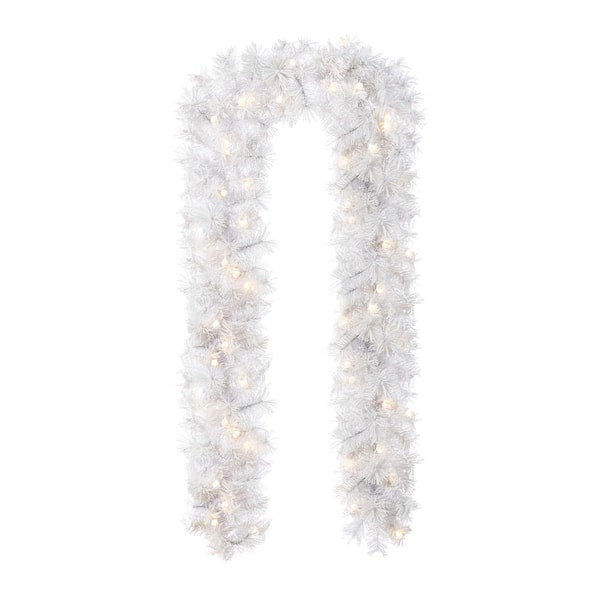 9 ft. Pre-Lit Snow Flocked White Pine Christmas Garland with 50 Warm White/Multi-Color G15 Globe LED Lights and Timer