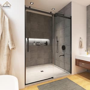 48 in. W x 76 in. H Frameless Single Sliding Shower Door in Matte Black with Clear Shower Glass