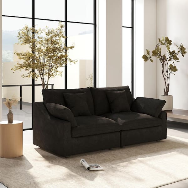 Magic Home Modular Large 83 in. Plush Linen Loveseat Love Sofa Cloud Couch Convertible Sectional Sofa in Black with Washable Cover