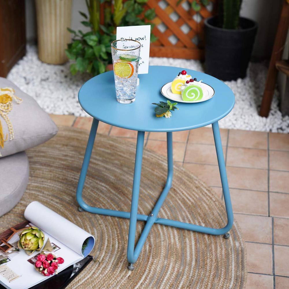 Large Blue Round Steel Outdoor End Table