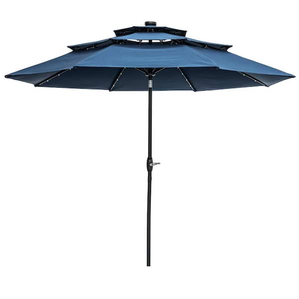 OVASTLKUY 10 ft. 3-Tier Market Outdoor Patio Umbrella with Solar LED Lighted in Navy Blue