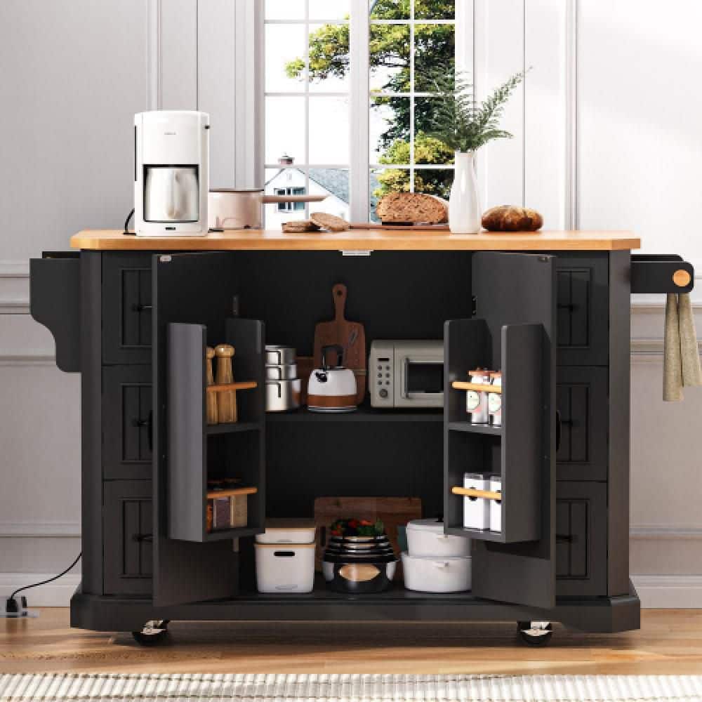 Black Rubber Wood 56 in. W Kitchen Island on 4-Wheels with 6-Deep