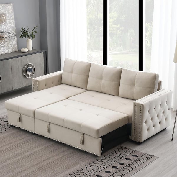91 in. Beige Velvet Full Size 3-Seat Sofa Bed with Storage