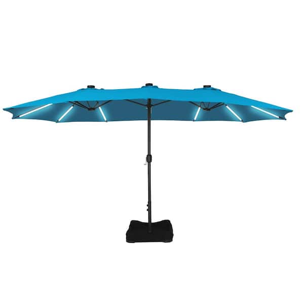 Clihome 15 ft. Outdoor Rectangular Crank Market Umbrella Patio Umbrella in Pine Green with Solar Detachable Lights and Base