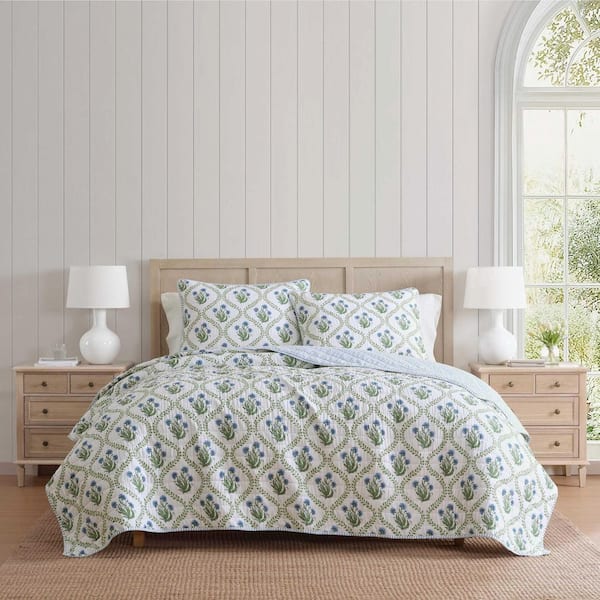 Chloe 3-Piece White/Blue/Green Cotton Full/Queen Quilt Set