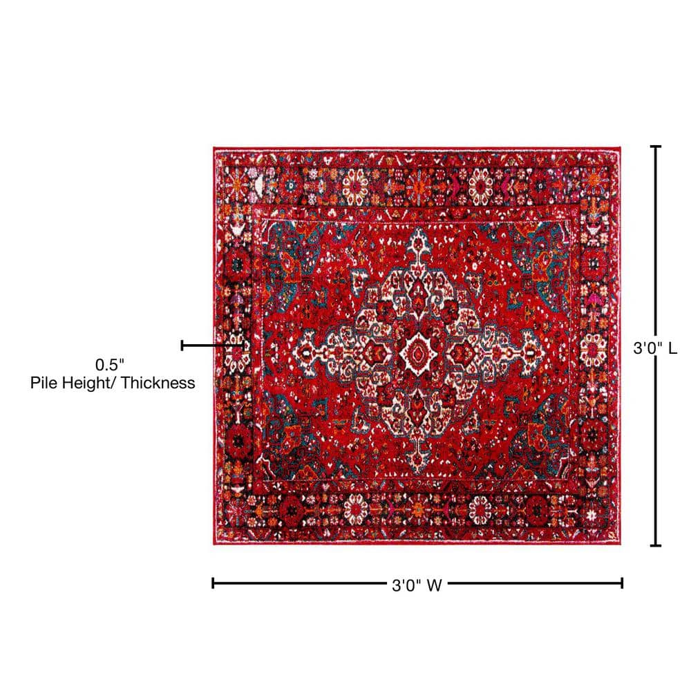 Handmade Red Floral Synthetic Square Area Rug, 3' x 3'