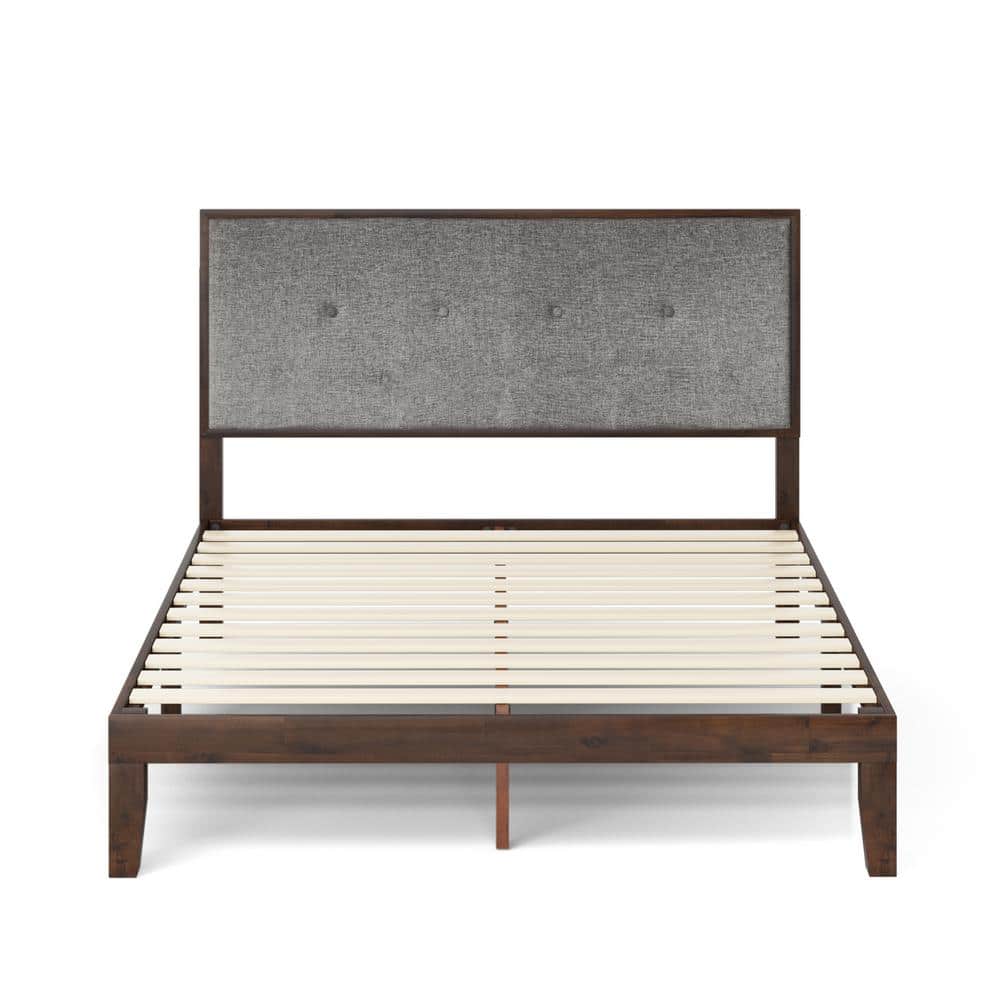 Moiz Queen Brown Wood Platform Bed Frame with Gray Upholstered Headboard