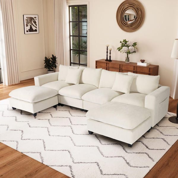 WESTINFURNITURE Lucca 128 in. Square Arm 6-Piece Plush Chenille Modular Sectional Sofa Ottoman Set with USB Charge Port in Cream
