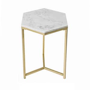Modern 28 in. Gold Hexagon Marble Top End Table