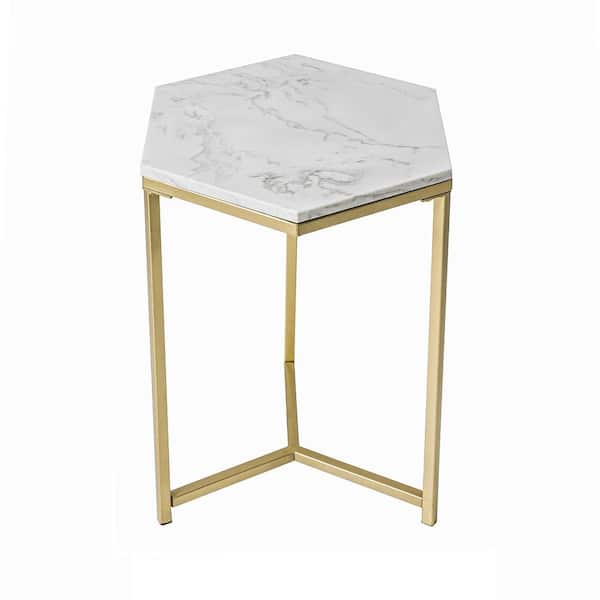 HAWOO Modern 28 in. Gold Hexagon Marble Top End Table