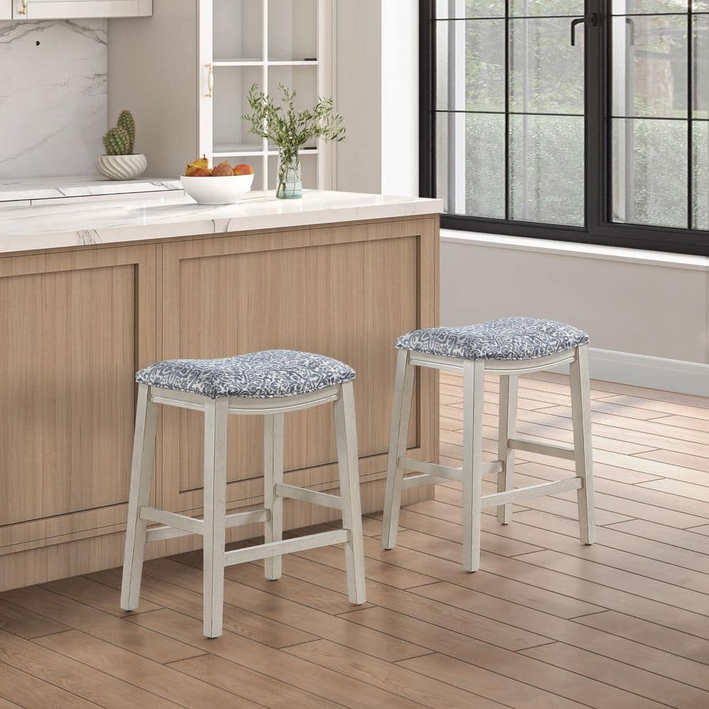 Saddle Stool 25 in. Counter Height in Damask Navy Fabric with White-washed Wood Finish 2-Pack price history on PriceWatchPro