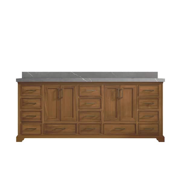 Willow Collections Charlotte Teak 84 in. W x 22 in. D x 36 in. H Double Sink Bath Vanity in Dark Natural with 2 in. Light Gray Qt. Top