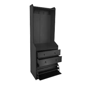 27.5 in. W Narrow Hall Tree with Flip Drawer with 4 Hanging Hooks and Drawers, Adjustable Shoe Storage Cabinet in Black