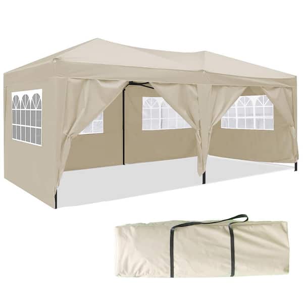 Amucolo 10 ft. x 20 ft. Beige Heavy Duty Awnin Pop Up Gazebo Party Wedding Event Tent with 6 Removable Sidewalls, Carry Bag