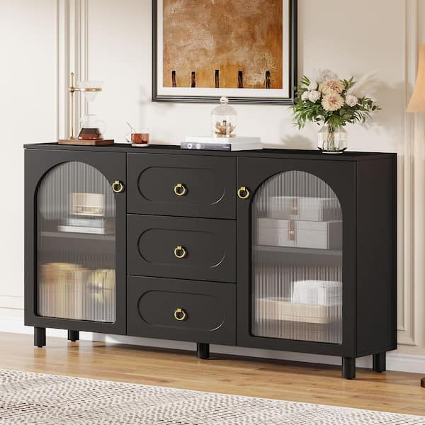 Black 59 in. Buffet Cabinet with 2-Acrylic Doors and 3-Drawers, Sideboard Buffet Cabinet Coffee Bar Station