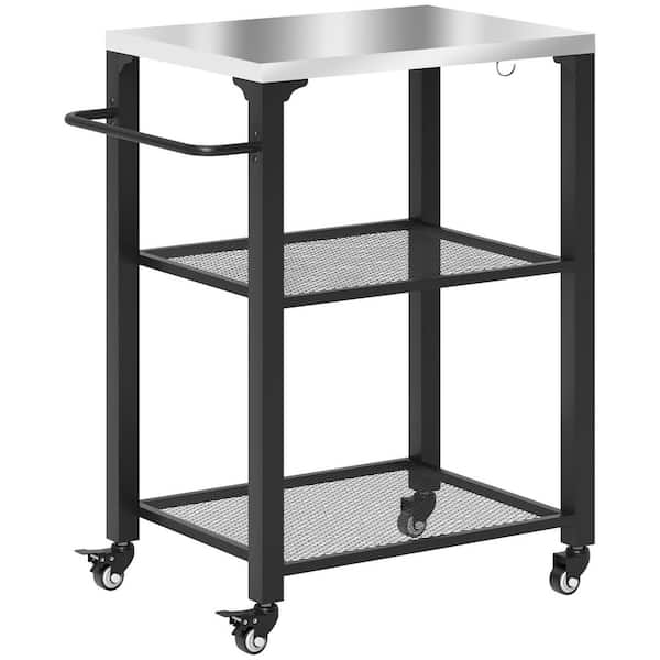 Outsunny Three-Shelf Silver Outdoor Grill Cart with Stainless Steel Tabletop, 22" x 16.1" Multifunctional Pizza Oven Table