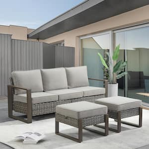 3-Piece Gray Wicker Outdoor Couch Patio Conversation Set with Olefin Gray Cushions and Ottomans