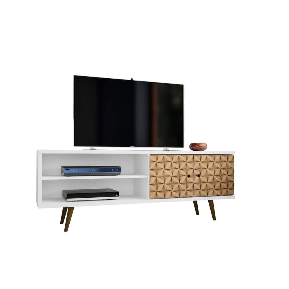 Liberty Collection 201AMC67 63"" Mid Century - Modern TV Stand with Solid Wood Legs  3 Shelves and 2 Doors in White and 3D Brown -  Manhattan Comfort