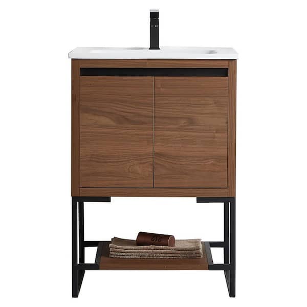 FUNKOL 24 in. W x 18 in. D x 35 in. H Bath Vanity in Gray (Brown) with White Ceramic Top