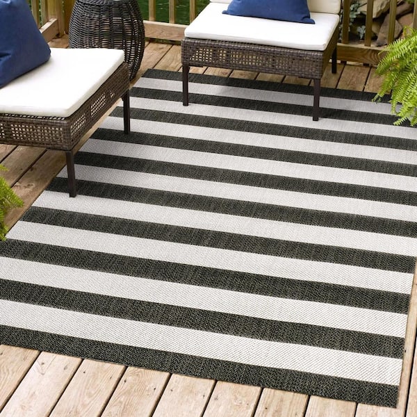 Negril 2-Tone Wide Stripe Black/Cream 8 ft. x 10 ft. Indoor/Outdoor Area Rug