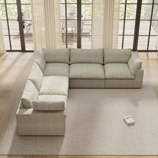 120 in. Square Arm Linen Deep Seat L Shaped 5-Piece Sectional Sofa in Light Brown with Removable Covers for Living Room