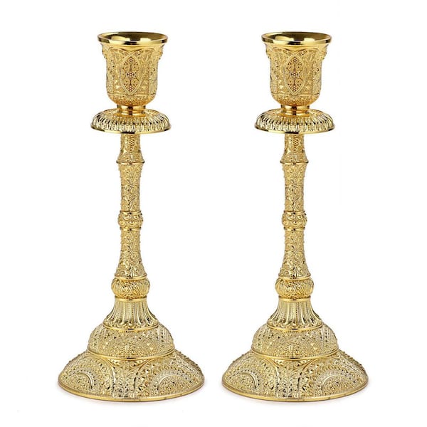 7.4 in Gold Set of 2 Vintage Taper Candle Holders, Metal Taper Candlestick Holders, Brass Candle Stick Holders